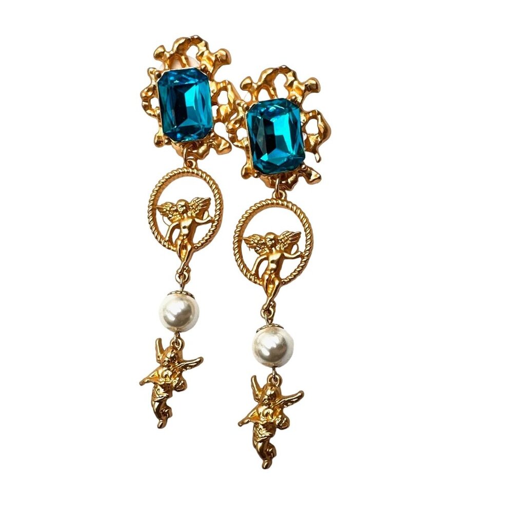 Catwalk Jon Aqua Blue Glass Fairy Pearl 4" Matte Gold Tone Pierced Earrings